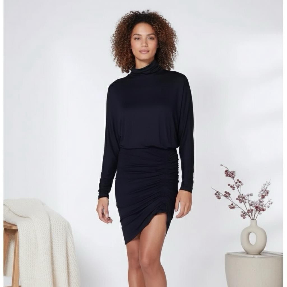 Veronica Beard Manda Ruched Turtleneck Dress Womens XL Black Dolman Sleeve